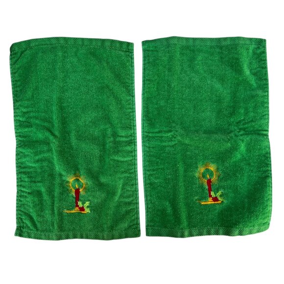 Embroidered Green Holiday Hand Towels Set Of 2 With Candle Design By Ames - Picture 1 of 8